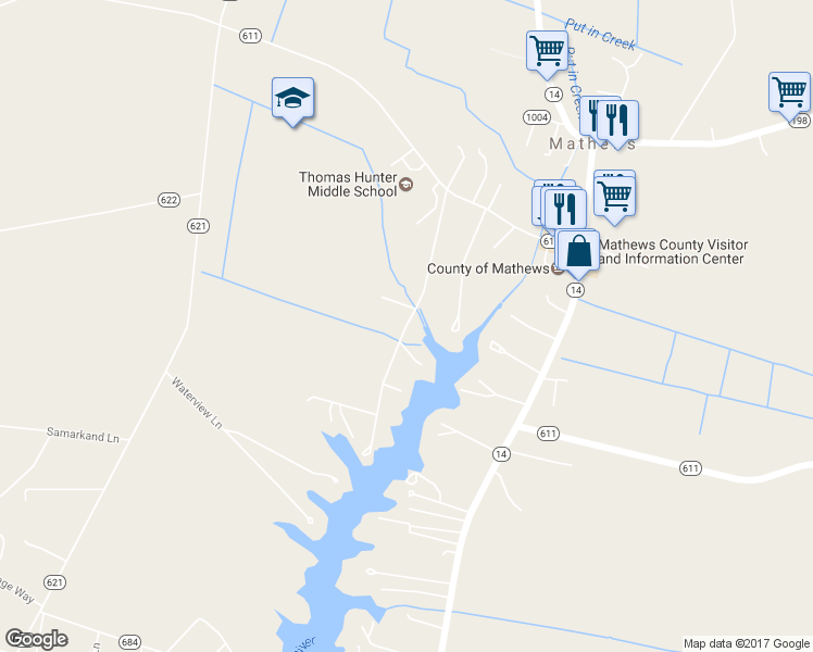 map of restaurants, bars, coffee shops, grocery stores, and more near Put-In-Creek Road in Mathews