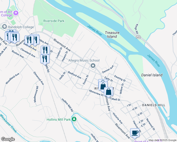 map of restaurants, bars, coffee shops, grocery stores, and more near 303 Essex Street in Lynchburg