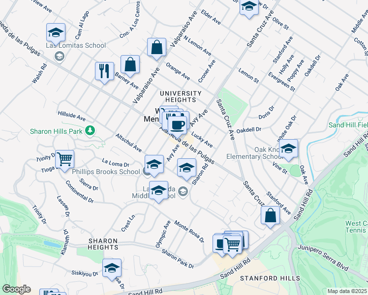 map of restaurants, bars, coffee shops, grocery stores, and more near 3618 Alameda de las Pulgas in Menlo Park