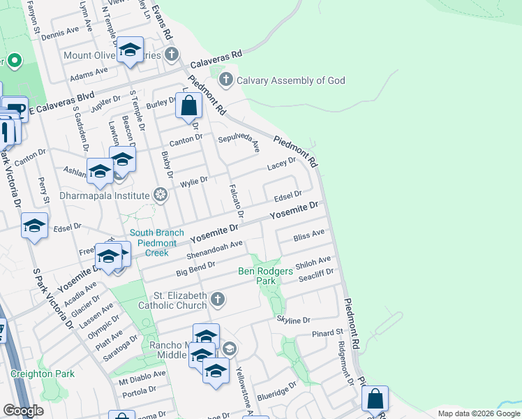 map of restaurants, bars, coffee shops, grocery stores, and more near 2085 Yosemite Drive in Milpitas
