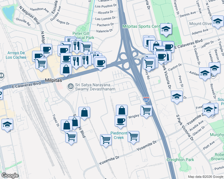 map of restaurants, bars, coffee shops, grocery stores, and more near 912 Cameron Circle in Milpitas