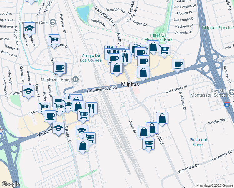 map of restaurants, bars, coffee shops, grocery stores, and more near 281 Calypso Court in Milpitas