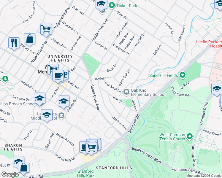 map of restaurants, bars, coffee shops, grocery stores, and more near 660 Vine Street in Menlo Park