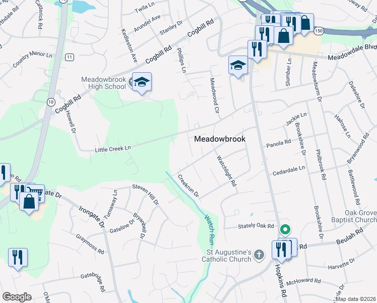 map of restaurants, bars, coffee shops, grocery stores, and more near 4609 Little Creek Lane in Richmond