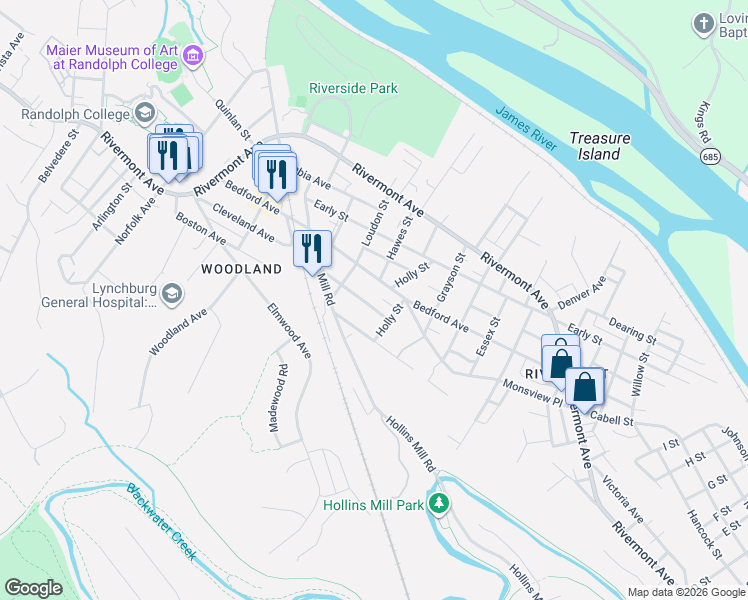 map of restaurants, bars, coffee shops, grocery stores, and more near 1917 Cleveland Avenue in Lynchburg