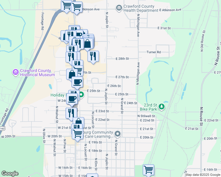 map of restaurants, bars, coffee shops, grocery stores, and more near 405 East 25th Street in Pittsburg
