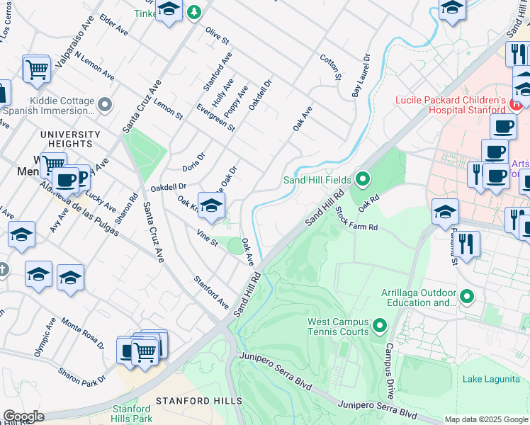 map of restaurants, bars, coffee shops, grocery stores, and more near 1824 Oak Creek Drive in Palo Alto