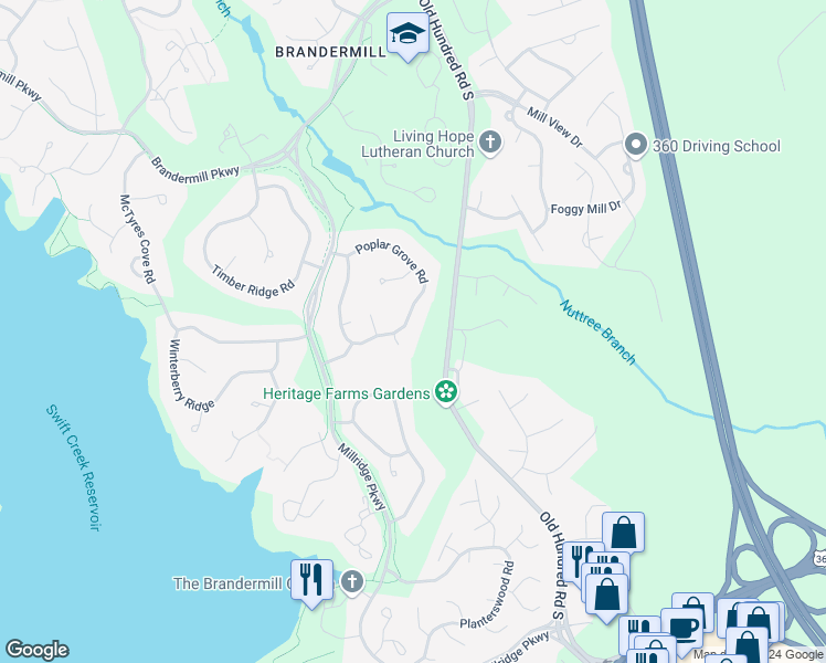 map of restaurants, bars, coffee shops, grocery stores, and more near 4035 Poplar Grove Road in Midlothian