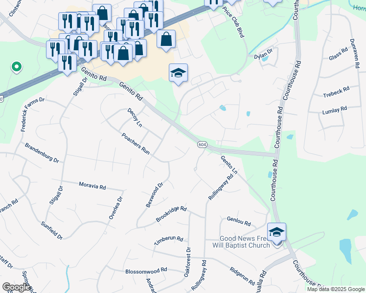 map of restaurants, bars, coffee shops, grocery stores, and more near 10706 Poachers Court in Chesterfield