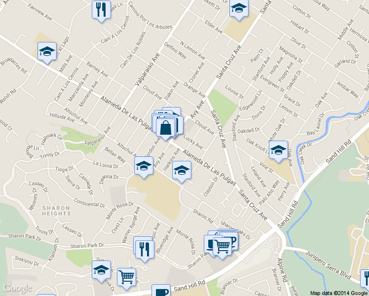 map of restaurants, bars, coffee shops, grocery stores, and more near 3633 Alameda de las Pulgas in West Menlo Park