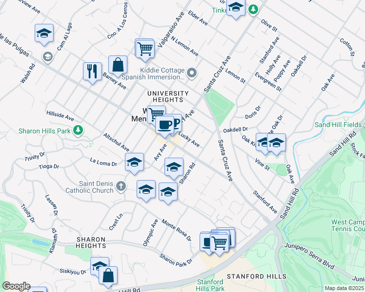 map of restaurants, bars, coffee shops, grocery stores, and more near 3633 Alameda de las Pulgas in West Menlo Park