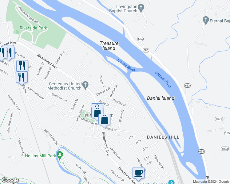 map of restaurants, bars, coffee shops, grocery stores, and more near 56 Deaton Street in Lynchburg