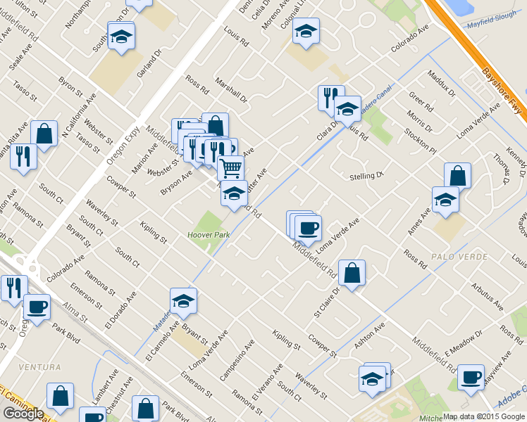 map of restaurants, bars, coffee shops, grocery stores, and more near 2995 Middlefield Road in Palo Alto