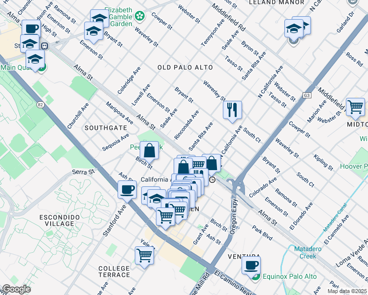 map of restaurants, bars, coffee shops, grocery stores, and more near 2065 Alma Street in Palo Alto