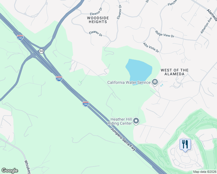 map of restaurants, bars, coffee shops, grocery stores, and more near 385 Moore Road in Woodside