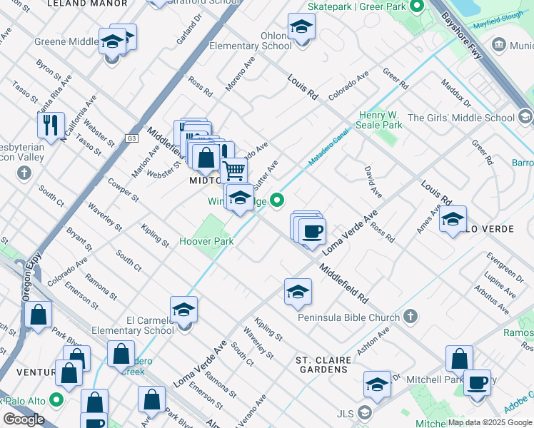 map of restaurants, bars, coffee shops, grocery stores, and more near 696 Towle Place in Palo Alto