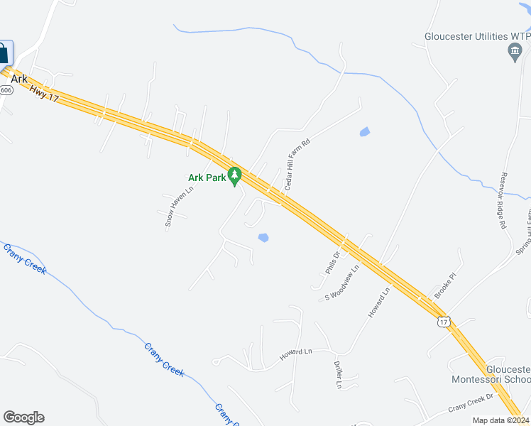 map of restaurants, bars, coffee shops, grocery stores, and more near 5572 Dilly-E Lane in Gloucester Courthouse