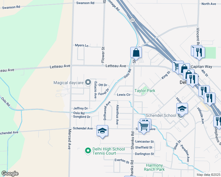 map of restaurants, bars, coffee shops, grocery stores, and more near 16659 Lewis Circle in Delhi