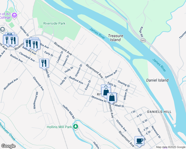 map of restaurants, bars, coffee shops, grocery stores, and more near 1518 Early Street in Lynchburg