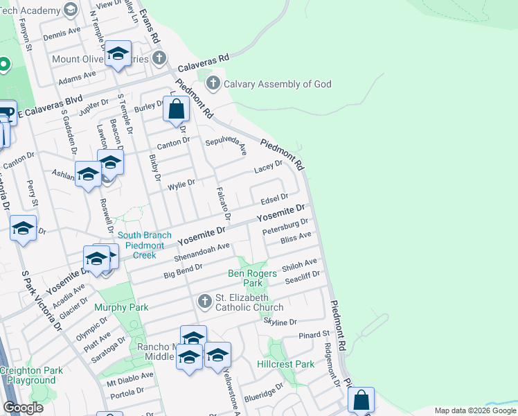 map of restaurants, bars, coffee shops, grocery stores, and more near 2085 Yosemite Drive in Milpitas