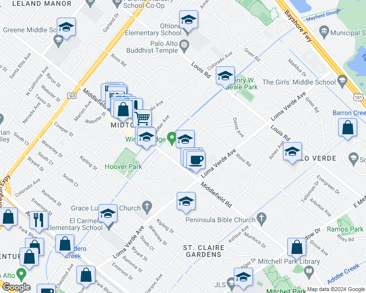 map of restaurants, bars, coffee shops, grocery stores, and more near 3085 Middlefield Road in Palo Alto