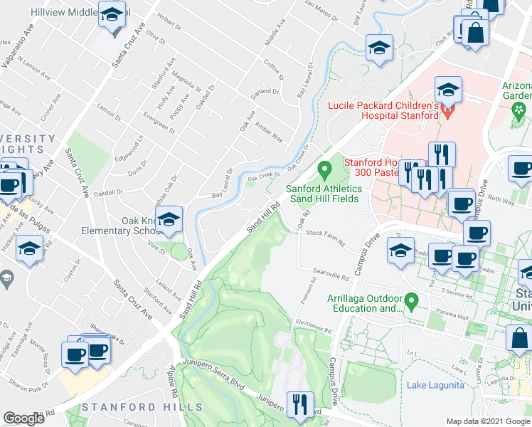 map of restaurants, bars, coffee shops, grocery stores, and more near 1700 Oak Creek Drive in Palo Alto