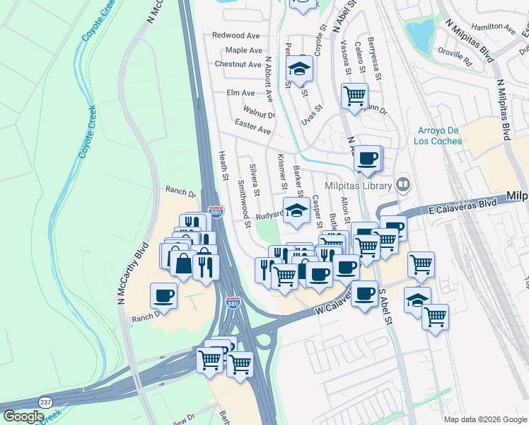 map of restaurants, bars, coffee shops, grocery stores, and more near 186 Silvera Street in Milpitas