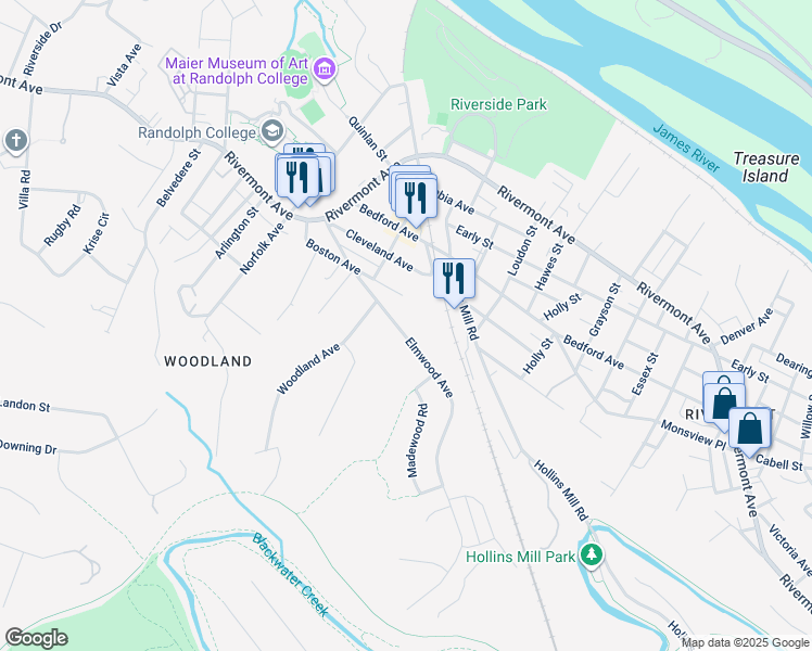 map of restaurants, bars, coffee shops, grocery stores, and more near 416 Elmwood Avenue in Lynchburg
