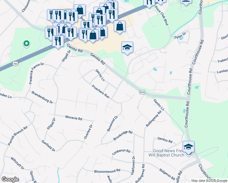 map of restaurants, bars, coffee shops, grocery stores, and more near 4306 Hunters Landing Drive in Chesterfield