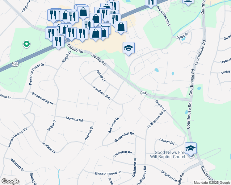 map of restaurants, bars, coffee shops, grocery stores, and more near 4306 Hunters Landing Drive in Chesterfield