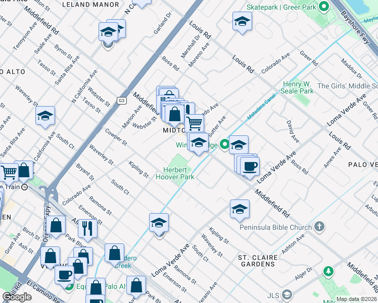 map of restaurants, bars, coffee shops, grocery stores, and more near 2850 Middlefield Road in Palo Alto