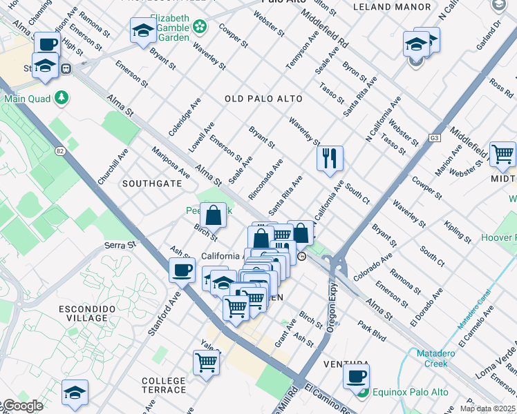 map of restaurants, bars, coffee shops, grocery stores, and more near 2043 Alma Street in Palo Alto