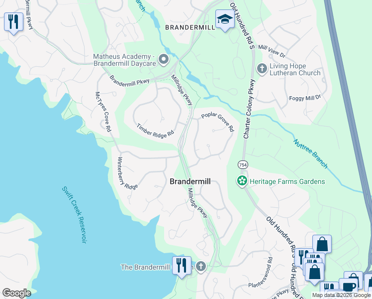 map of restaurants, bars, coffee shops, grocery stores, and more near 13500 West Poplar Grove Road in Midlothian