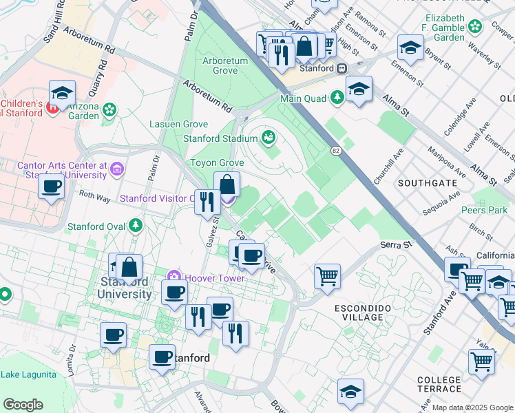 map of restaurants, bars, coffee shops, grocery stores, and more near 355 Galvez St in Stanford