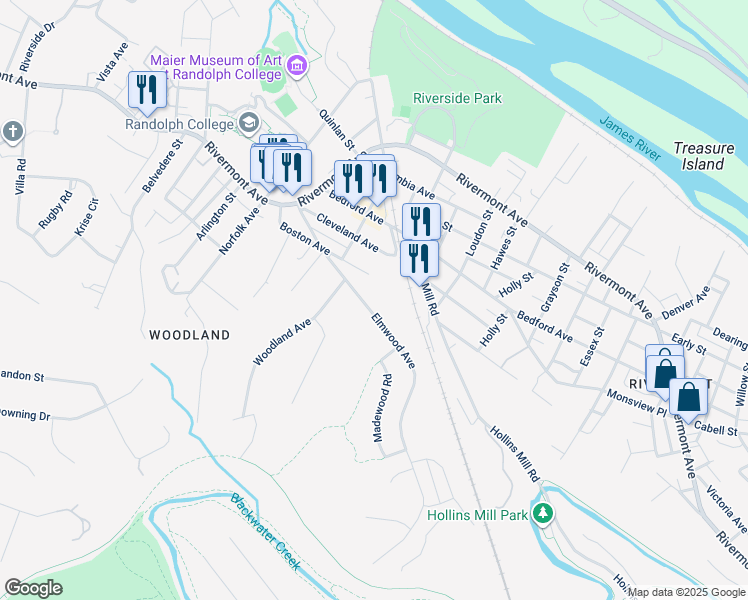 map of restaurants, bars, coffee shops, grocery stores, and more near 416 Elmwood Avenue in Lynchburg