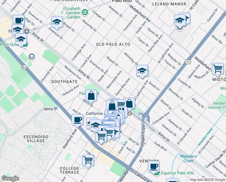 map of restaurants, bars, coffee shops, grocery stores, and more near 2091 Park Boulevard in Palo Alto