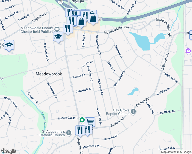 map of restaurants, bars, coffee shops, grocery stores, and more near 6312 Philbrook Road in Richmond