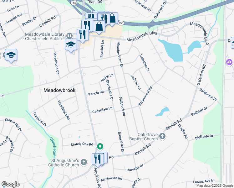 map of restaurants, bars, coffee shops, grocery stores, and more near 6312 Philbrook Road in Richmond