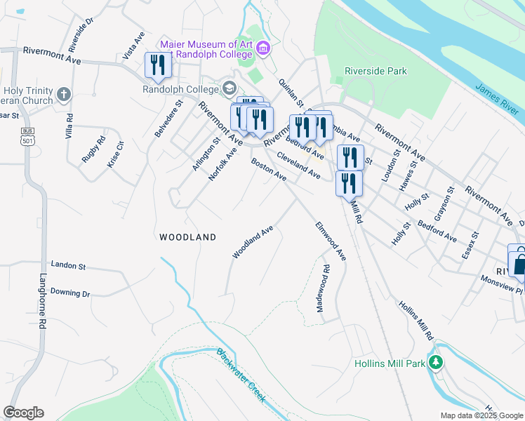map of restaurants, bars, coffee shops, grocery stores, and more near 228 Kensington Avenue in Lynchburg