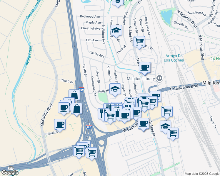 map of restaurants, bars, coffee shops, grocery stores, and more near 140 North Abbott Avenue in Milpitas