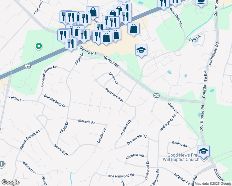 map of restaurants, bars, coffee shops, grocery stores, and more near 10824 Poachers Run in Chesterfield