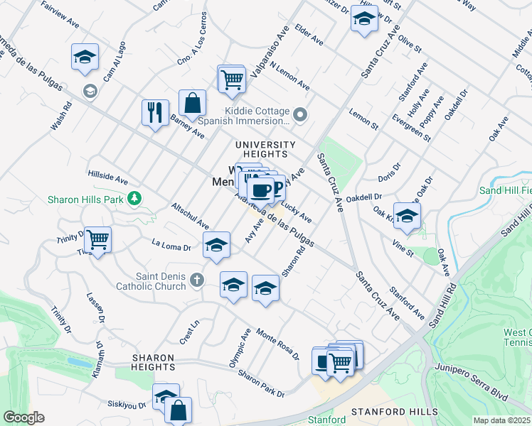 map of restaurants, bars, coffee shops, grocery stores, and more near Alameda De Las Pulgas & Avy Avenue in West Menlo Park