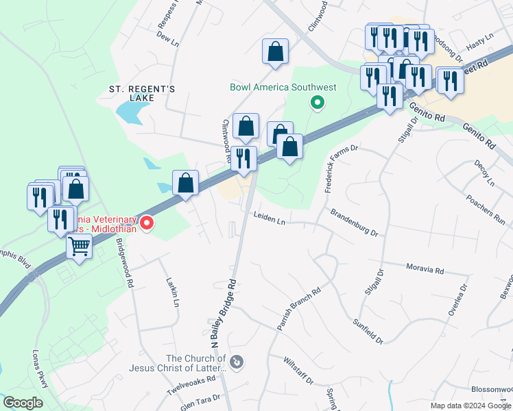 map of restaurants, bars, coffee shops, grocery stores, and more near 3906 Bayreuth Lane in Midlothian