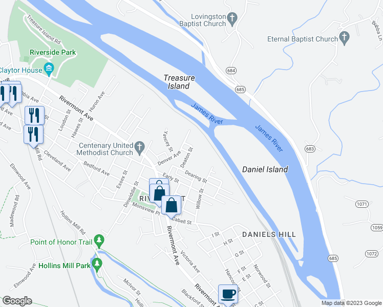 map of restaurants, bars, coffee shops, grocery stores, and more near 62 Deaton Street in Lynchburg