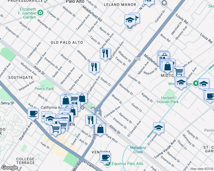 map of restaurants, bars, coffee shops, grocery stores, and more near 2348 South Court in Palo Alto
