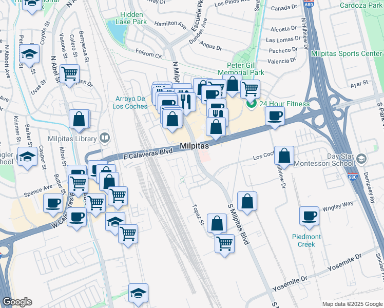 map of restaurants, bars, coffee shops, grocery stores, and more near 1 South Milpitas Boulevard in Milpitas