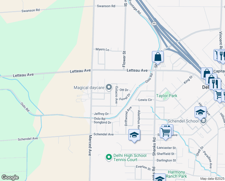 map of restaurants, bars, coffee shops, grocery stores, and more near 9840 Douglas Avenue in Delhi