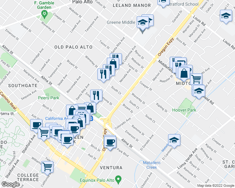 map of restaurants, bars, coffee shops, grocery stores, and more near 2348 South Court in Palo Alto