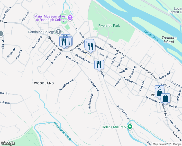 map of restaurants, bars, coffee shops, grocery stores, and more near 433 Boundary Avenue in Lynchburg