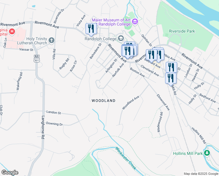 map of restaurants, bars, coffee shops, grocery stores, and more near 2419 Terrell Place in Lynchburg